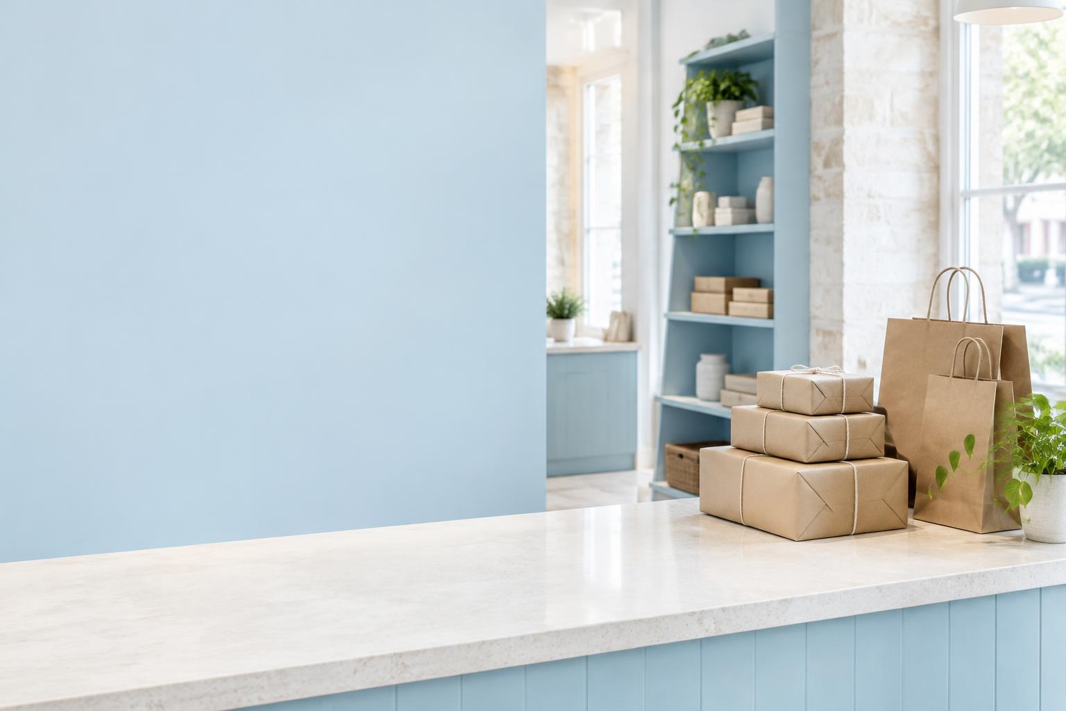 Verpackte Artikel und Einkaufstaschen auf einer Ladentheke